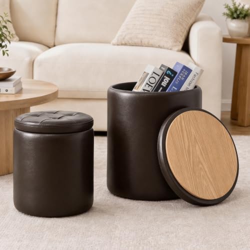 oakvivo Round Set of 2 14.76" L x 14.76" W x 17.32" H Faux Leather Ottoman with Storage, Small Foot Rest Storage Ottomen with Lid Living Room, Bedroom Vanity Stool Chair, Coffee - color: Coffee