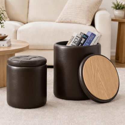 oakvivo Round Set of 2 14.76" L x 14.76" W x 17.32" H Faux Leather Ottoman with Storage, Small Foot Rest Storage Ottomen with Lid Living Room, Bedroom Vanity Stool Chair, Coffee - color: Coffee