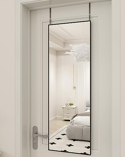 BEAUTYPEAK 16" x 50" Adjustable Height Over The Door Mirror, Black | Full Length Hanging Door Mirror with Shatterproof Tempered Glass Aluminum Alloy Frame for Bedroom, Living Room, Bathroom,Dorm - color: Black-rect, size: 50"L x 16"W