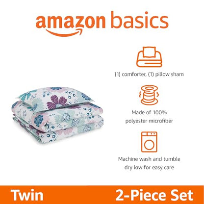 Amazon Basics 2-Piece Soft, All-Season Microfiber Kids' Comforter and Pillow Sham Set, Twin, Purple Flowers, Bluish Pink - color: Bluish Pink, size: Twin