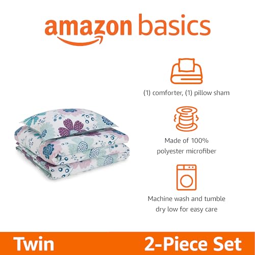 Amazon Basics 2-Piece Soft, All-Season Microfiber Kids' Comforter and Pillow Sham Set, Twin, Purple Flowers, Bluish Pink - color: Bluish Pink, size: Twin