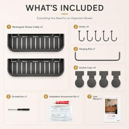Shower Caddy Suction Cup, No-Drill Shower Organizer Shelf, 2 Pack | Large Capacity, Rustproof Aluminum, 2 Install Ways, Includes Hooks&Hanging Bar,Wall-Mounted Bathroom Organizer Storage Holder - color: Dark Gray