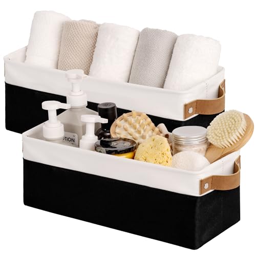 StorageWorks Narrow Storage Bins, Small Basket, Black and White, 2-Pack | With Metal Frame, Sturdy Structure, PU Handles, Toilet Paper Storage, Long Storage Bins for Bathroom, Closet, Shelf - color: Black and White, size: 15"L x 6"W x 5"H