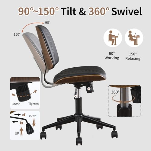 VipDesk Modern Black Home Office Chair – Armless Mid-Back Desk Chair with PU Leather, Adjustable Height, Swivel Wheels, Walnut Wood Finish, Perfect for Small Spaces - color: Black, size: MCM Style