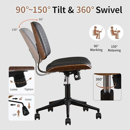 VipDesk Modern Black Home Office Chair – Armless Mid-Back Desk Chair with PU Leather, Adjustable Height, Swivel Wheels, Walnut Wood Finish, Perfect for Small Spaces - color: Black, size: MCM Style