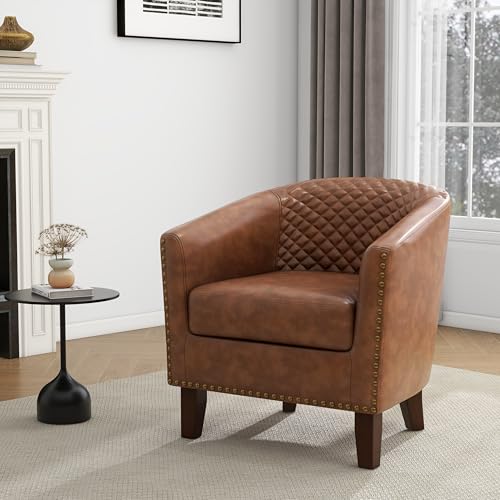 Faux Leather Accent Chair, Modern Barrel Club Chair, Brown | Comfy Upholstered Armchair for Living Room, Round Club Chair Single Sofa Bedroom Reading Seat | 26"D*29"W*29"H - color: Brown