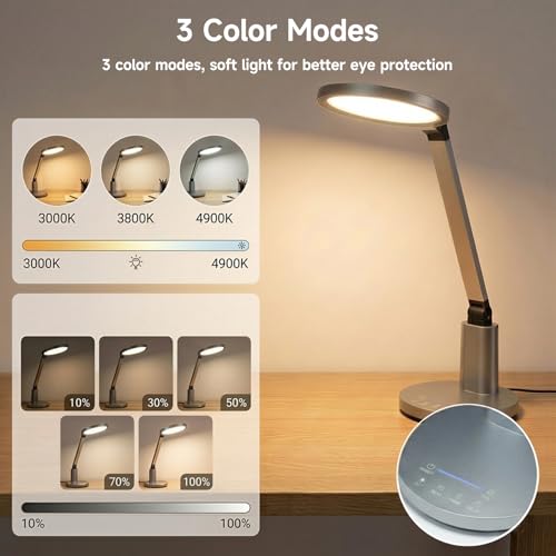 Desk Lamp for Home Office, Eye-Caring Diffused Table Lamp, 3 Colors & Dimmable Computer Lamp with Timer Function, Metal Swing Arm Reading Light
