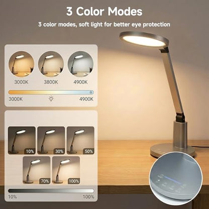 Desk Lamp for Home Office, Eye-Caring Diffused Table Lamp, 3 Colors & Dimmable Computer Lamp with Timer Function, Metal Swing Arm Reading Light