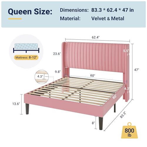 Allewie Queen Size Velvet Bed Frame/Vertical Channel Tufted Wingback Headboard/Upholstered Platform Bed/Strong Wooden Slats/No Box Spring Needed/Easy Assembly/Pink - color: Pink, size: Queen