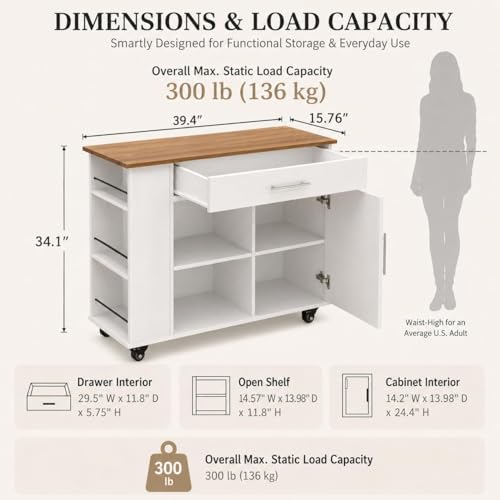 4 EVER WINNER 39" Rolling Kitchen Island with Storage and Drawer, Farmhouse Kitchen Island on Wheels with 3-Tier Spice Rack, Adjustable Shelf & Towel Rack, Mobile Kitchen Cart for Small Space, White - style: WHITE