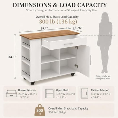4 EVER WINNER 39" Rolling Kitchen Island with Storage and Drawer, Farmhouse Kitchen Island on Wheels with 3-Tier Spice Rack, Adjustable Shelf & Towel Rack, Mobile Kitchen Cart for Small Space, White - style: WHITE