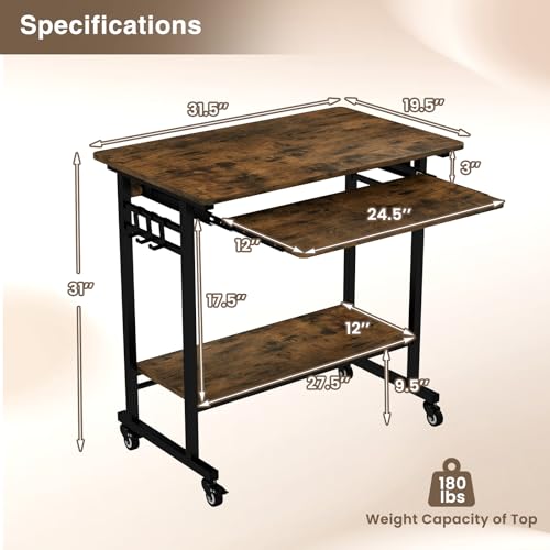 GOFLAME Mobile Computer Desk with Pull-Out Keyboard Tray, Compact Laptop Cart, Home Office Desk with Lockable Wheels, Writing Workstation, CPU Stand, Task Study PC Desk for Small Spaces, Study