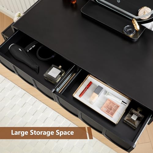 Vanity Desk with Mirror and Lights, Modern Wood Wave Panel Vanity Desk Set Makeup Table with Drawers and Cabinet, Dressing Table with Storage for Bedroom, Black - style: Black