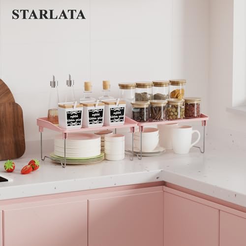 STARLATTA 2 Pcs Cabinet Organizer Shelf，Stackable Kitchen Counter Shelves, Spice Rack,Countertop Organizers，Pink Plastic Storage Shelves Rack for Makeup，Bathroom, Cupboard，Desk，Pantry Organization - color: pink, size: 2 pack
