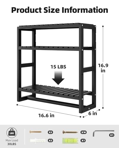 Galood Over The Toilet Storage Bathroom Shelves Wall Mounted 3 Tier Black-L | Space Saver Corner Shelf Organizer Bamboo Towel Rack Toilet Paper Cabinet with Hanging Rod - color: Blac 1pack, size: Large