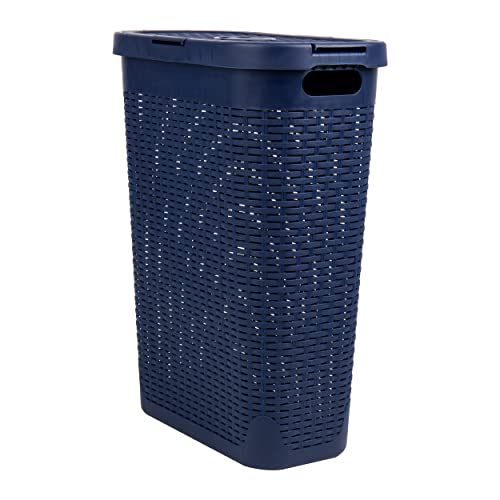 Mind Reader Slim Laundry Hamper with Lid, 40L Clothes Basket, Narrow Tapered Design with Ventilated Cutout Pattern, Plastic, Navy - color: Navy, size: Single