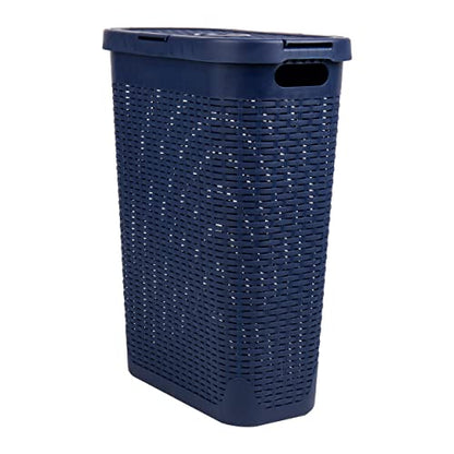 Mind Reader Slim Laundry Hamper with Lid, 40L Clothes Basket, Narrow Tapered Design with Ventilated Cutout Pattern, Plastic, Navy - color: Navy, size: Single