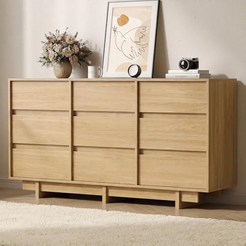 9 Drawer Oak Dresser for Bedroom, 59" Wide Mid Century Modern Dresser | Dresser with Sleek Handleless Design, Wooden Large Chest of Drawers with Elevated Base for Bedroom, Living Room - color: Oak, size: 15.7"D x 59.1"W x 31.5"H (9 Drawers)