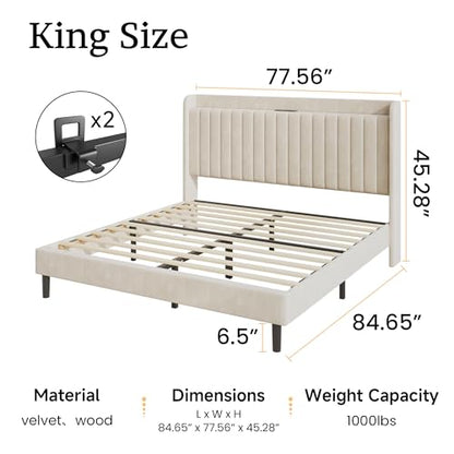 King Velvet Bed Frame with Storage Headboard & Charging Station | Vertical Channel Tufted, Mattress Non-slip Design, No Box Spring Needed, Noise-Free, Easy Assembly, Sturdy, Wingback - color: Beige, size: King