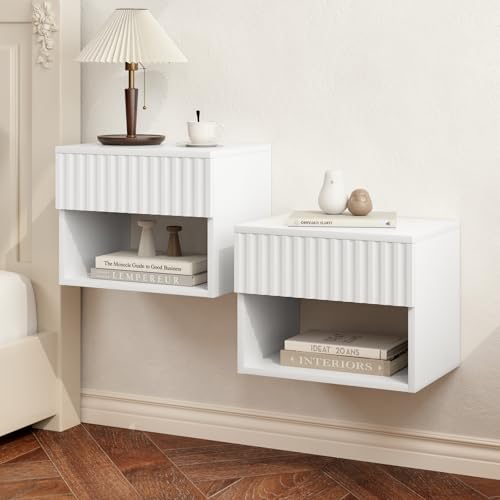 Floating Nightstand Set of 2, Modern Wall Mounted Bedside Tables with Fluted Drawer, Night Stand Small End Table with Open Storage Shelf for Bedroom, Living Room, Small Spaces, White