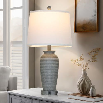 CINSARY 25" Grey Farmhouse Jar Table Lamps, 3 Way Touch Control Rustic Bedside Lamps with USB A+C Ports & AC Outlet, Pot Nightstand Lamps for Bedroom End Table (LED Bulbs Included) - color: Grey-1Pack
