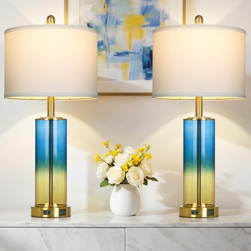 Ruzectt 26" Blue and Gold Glass Lamps Set of 2, 3-Way Dimmable Touch Coastal Bedroom Table Lamp with USB C+A Ports & AC Outlet, Elegant Brass Living Room Lamp, Nautical Bedside Lamps for Night Stands - color: Blue and Gold