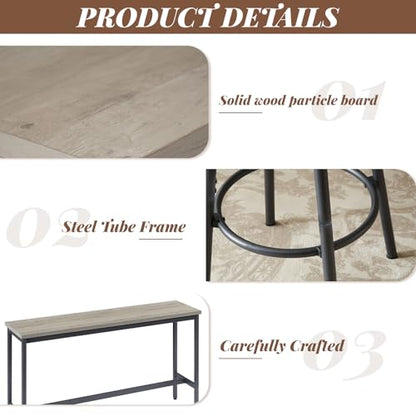 63” Long Bar Table Set for 3, Counter Height Industrial Pub Table with 3 PU Upholstered Bar Stools, Space-Saving Kitchen Breakfast Table and Chairs for Small Spaces, Rustic Gray and Black - color: Grey, style: Long bar table with stools/bar table set for