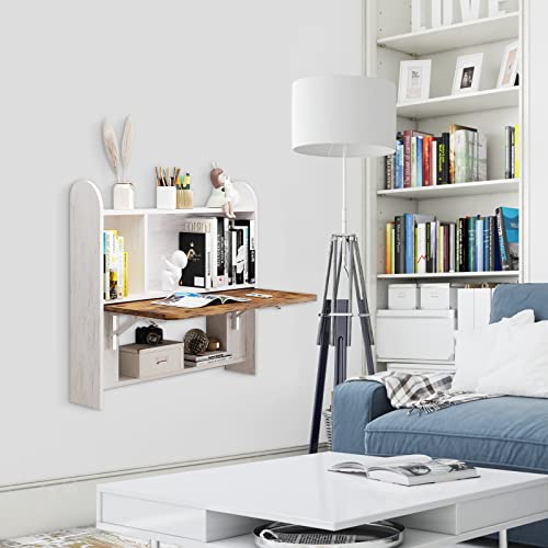 Wall Mounted Drop-Leaf Table, Floating Laptop Desk, Folding Table with Shelves, Multifunctional Computer Workstation with Storage Compartments in Home Office for Space Saving (Grayish White) - color: Grayish White
