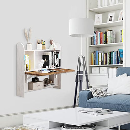 Wall Mounted Drop-Leaf Table, Floating Laptop Desk, Folding Table with Shelves, Multifunctional Computer Workstation with Storage Compartments in Home Office for Space Saving (Grayish White) - color: Grayish White