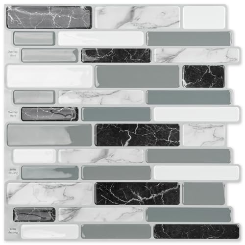 Art3d 6-Pack Peel and Stick Backsplash Wall Tile, 12 x 12 Inch, Marble Grey | Strong Adhesion, Lightweight, Cuttable, Waterproof, Fadeless, Crack Resistant, for Kitchen, Bedroom, Ideal for Recently Moved - color: Light Grey