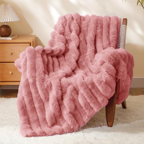 BEDELITE Faux Fur Throw Blanket for Couch, 770GSM, 60" x 80", Pink | Soft and Cozy Luxurious 3D Striped Fluffy Blanket, Warm Plush Fuzzy Faux Rabbit Fur for Women Gift, Stylish Room Decor - color: Pink, size: Twin(60"x80")