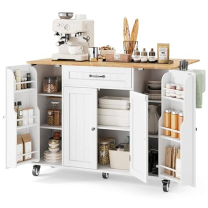47.6" Kitchen Island with Storage, Drop Leaf, Knife Holder, White | Kitchen Island on Wheels with Door Cabinet, Drawer, Spice Rack, Towel Rack, and Knife Holder for Kitchen Storage - size: 47.6 Inch-White