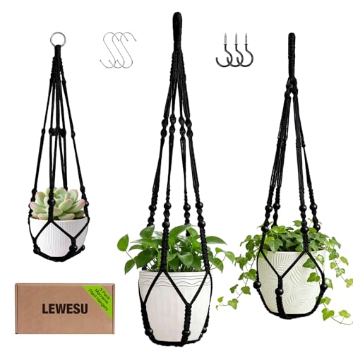 LEWESU 3 Pack Macrame Plant Hanger Indoor 3 Different Sizes Hanging Planter Basket Flower Pot Holder with Wood Beads & No Tassels for Boho Home Decor, 23, 30, 35 Inch, Black (Pot Not Included) - color: Black, size: 23" + 30" + 35"