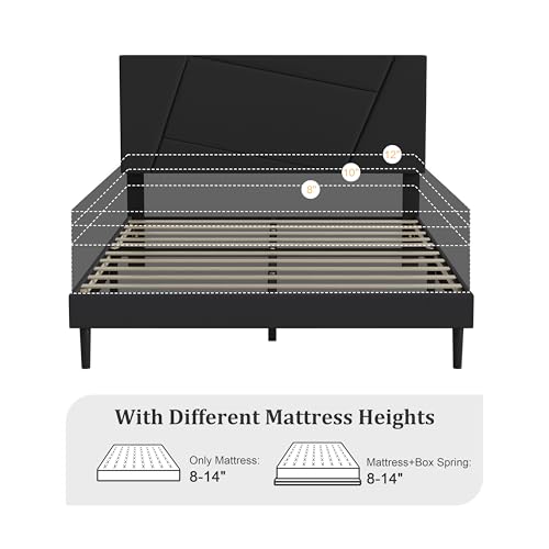 Full Size Upholstered Bed Frame Frame with Headboard，Velvet Black | Geometric Head Board Platform Bed, Sturdy Wooden Slats, Noiseless No Box Spring Required, Easy to Assemble - color: Black, size: Full
