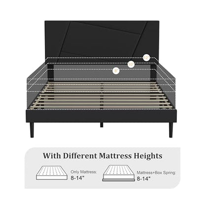 Full Size Upholstered Bed Frame Frame with Headboard，Velvet Black | Geometric Head Board Platform Bed, Sturdy Wooden Slats, Noiseless No Box Spring Required, Easy to Assemble - color: Black, size: Full