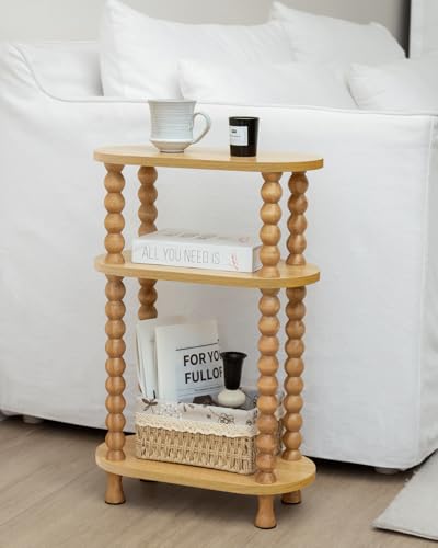 3-Tier Narrow Side Table, Slim End Table for Small Spaces | Skinny wooden side table with shelf storage. Ideal as living room accent or bedroom nightstand.Easy assembly, space-saving - color: Nature