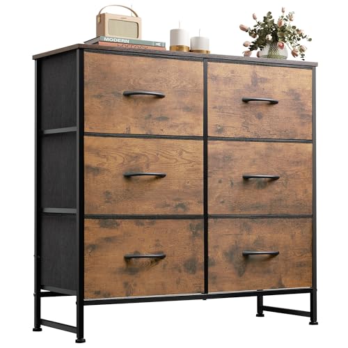 WLIVE Dresser for Bedroom with 6 Drawers, Rustic Brown Wood Grain Print | Closet Dresser, Metal Frame, Wooden Top, Fabric Dresser for Closet, Living Room, Hallway - color: Rustic Brown Wood Grain Print