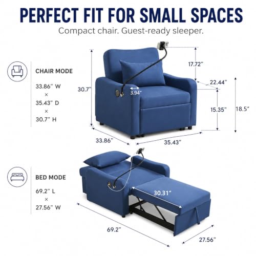 Majnesvon Convertible Chair Bed 3 in 1, Sofa Bed Chair (Blue) | with Adjustable Backrest & Charging Station, Small Space One Person Couch for Apartment, Office, Living Room, Bedroom - color: Blue