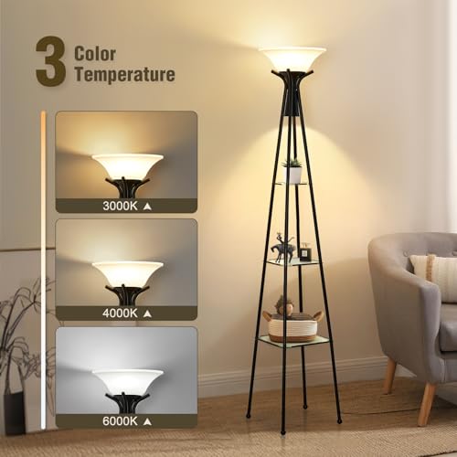 Luvkczc Torchiere Floor Lamp with Shelves, Black, 69" Tall | 3-Tier Glass Shelf, Plastic Shade, Adjustable Color Temperatures, Bulb Included - color: Black