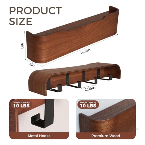 Coat Rack Wall Mount with Shelf Entryway Shelf Modern Key Holder Hanger Wall Shelves with Hidden Hooks for Hanging Towels Coats Hats Bags for Hallway Bathroom Bedroom(Walnut Color, 4 Hooks) - color: Walnut Color, size: 4 hooks