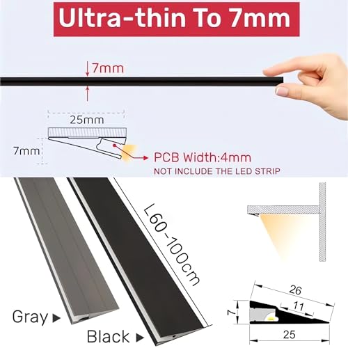 JARBIH Ultra-Thin Led Aluminum Channel, 45°Oblique Under Cabinet Beam Light | 5Pack 1M/3.3ft Self Adhesive LED Profile System, Invisible H7mm Surface Mounted Wardrobe Layer Shelf Panel Hard Bar(Gray) - color: Gray without LED Strip