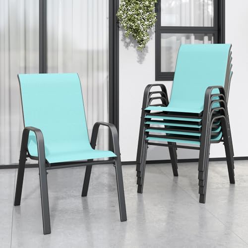 Light Blue Patio Chairs Set of 6, Stackable Outdoor Dining Chairs for All Weather Textilene Fabric & Metal Frame, Outdoor Chairs Set for Backyard Deck Garden - color: Light Blue, size: Set of 6