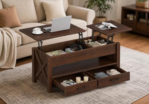 Multifunctional Lift Top Coffee Table, Convertible Wooden Coffee Table with 2 Drawers & Hidden Compartment, Storage Center Table for Living Room Home Office,Walnut Brown - color: Walnut Brown - 47.2 Inch