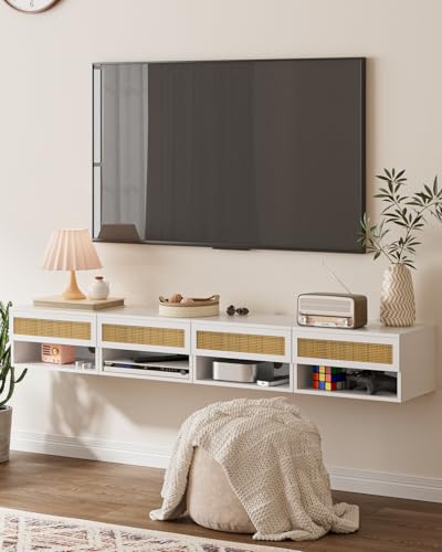 Modern Floating Nightstand with Drawer, Wall Mount Shelves, White Rattan | Small Space Saver, Modern Minimalist Design, Wall Mounted Shelves, for Bedroom, Bathroom, Living room, Easy Assembly, Rattan - color: White Rattan