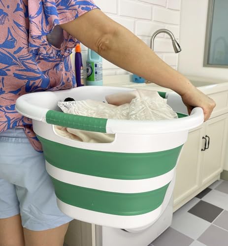 SAMMART 40L (10.5 gallon) Collapsible Plastic Laundry Hamper - Foldable Pop Up Storage Container/Organizer - Portable Washing Tub - Space Saving Basket (1, White/Winter Green) - color: White/Winter Green