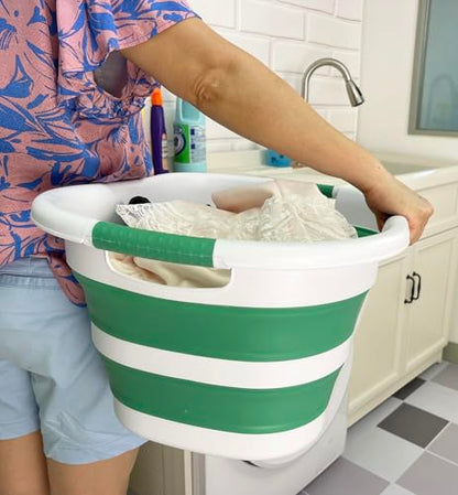 SAMMART 40L (10.5 gallon) Collapsible Plastic Laundry Hamper - Foldable Pop Up Storage Container/Organizer - Portable Washing Tub - Space Saving Basket (1, White/Winter Green) - color: White/Winter Green