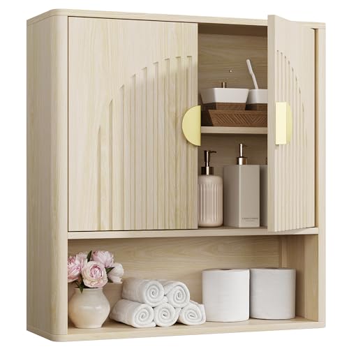 Bathroom Wall Cabinet, Fluted Medicine Cabinet, Natural | Adjustable Wood Shelf, Over The Toilet Storage Cabinet for Laundry Room, Living Room, Rounded Metal Handle, 2 Doors