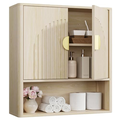 Bathroom Wall Cabinet, Fluted Medicine Cabinet, Natural | Adjustable Wood Shelf, Over The Toilet Storage Cabinet for Laundry Room, Living Room, Rounded Metal Handle, 2 Doors