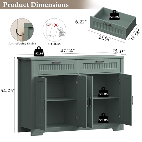 Fluted Buffet Sideboard Cabinet with Storages, Buffet Table with Drawers | Coffee Bar Console Table with 2 Drawers & 4 Doors and Adjustable Shelves, Sideboard with Metal Handles, Green - color: Green, size: 4 Doors & 2 Drawers