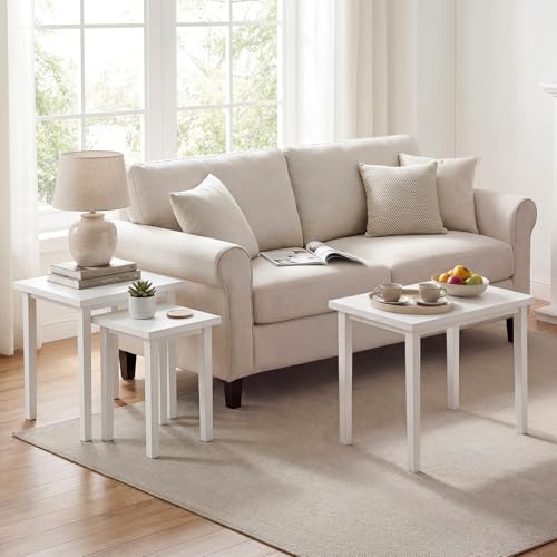 Giantex Nesting Tables Set of 3, Farmhouse Stacking Side Table with Rubber Legs, Wooden Rectangle Accent End Table, Nesting Coffee Tables for Living Room Bedroom (White) - color: White